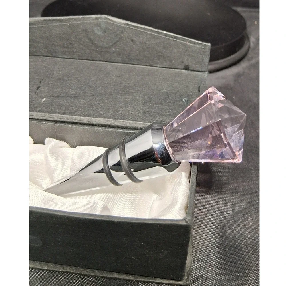 Pink Faux Crystal Diamond Top Wine Bottle Stopper Chrome Barware Gift Boxed
